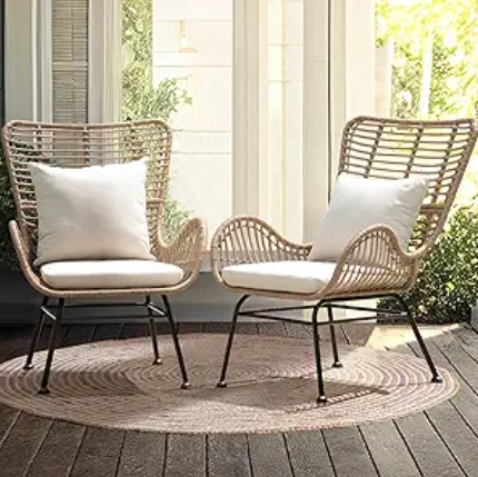 IDZO Isabelle Upgraded 2000 Hours UV Wicker Chairs Outdoor Set of 2, 500 lbs Capacity Outdoor Patio Chair, All-Weather Club Chair with Water-Resistant Olefin Cushions, Boho Style, Beige