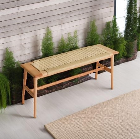 OOKSEN Entryway Bench, Solid Wood Dining Bench, 31.5" Wooden End of Bed Benches, Midcentury Modern Bedroom Benches Stool with Hand-Woven Rope for Kitchen Living Room Hallway