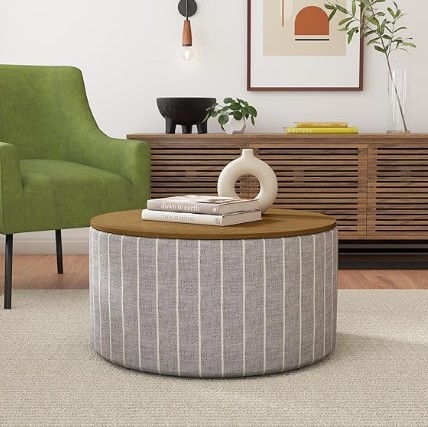 HomePop Modern Fabric Storage Ottoman with Wood Top - Midnight Gary Woven Stripe