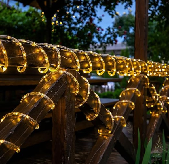 Solar Rope Lights, 66ft 200LED Solar String Lights, 8 Modes Waterproof Solar Powered Outdoor Light, Flexible Clear Tube Light for Garden, Backyard, Patio, Deck, Porch, Pool, Tree Decor - Warm White