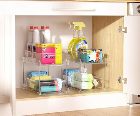 Vtopmart 4 Pack Bathroom Organizer, 2 Tier Clear Under Sink Organizers Vanity Countertop Storage Container,Cabinet Drawers Bins, Pull-Out Organization with Track for Pantry, Kitchen