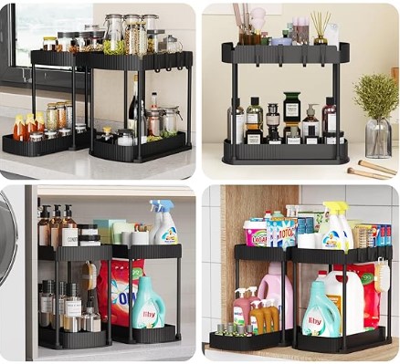 Multi-Purpose Pull-Out Storage Organizers, Under Sink/Cabinet Organizers and Storage for Bathroom & Kitchen, Black, 12.8 Inches, 2 Packs