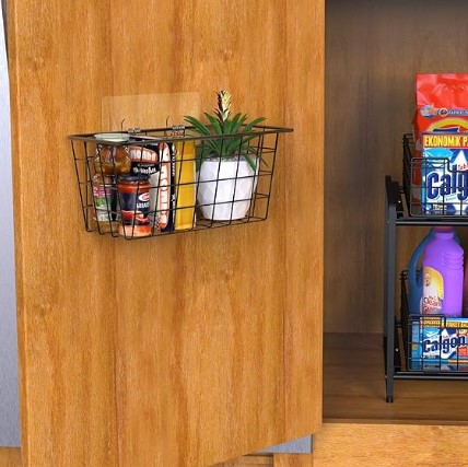 MaraFansie Hanging Kitchen Baskets Wire Storage Basket Over the Cabinet Door Organizer, No Drilling Adhesive Basket for Cabinet Pantry Organization and Kitchen, Bathroom, Storage, 2 Pack, Black