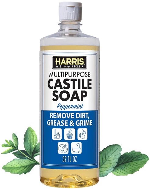 HARRIS Multi-Purpose Pure Castile Soap, Made with Olive, Coconut, and Pine Tree Oil, Uses for Face, Body, Hand, Hair, Home, Dishes, and Laundry, Peppermint, 32 Fl Oz
