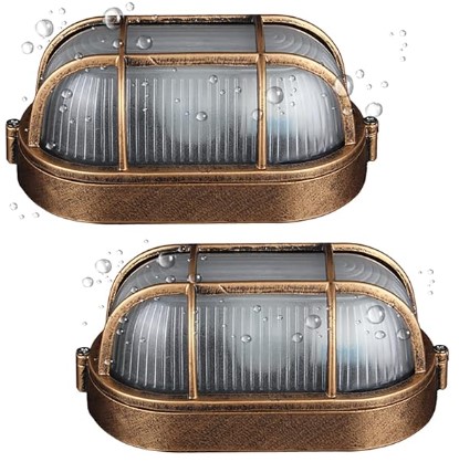 2 Pack Outdoor Oval Wall Lights, 8.3" Nautical Bulkhead Light, Flush Mount for Wall or Ceiling, Aluminum with Frosted Glass Wall Sconce Sauna Lamp, E26 Base Wall Lighting, Sconce for Garage Terrace