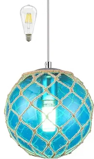 Blue Pendant Light Coastal Pendant Light Nautical Pendant Lighting Beach House Lighting Fixtures Ocean Lighting Fixture Coastal Hanging Light Fixtures Fish Float Glass Ball Lighting(Bulb Incl.