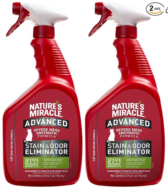 Best Enzymatic Cleaners for Permanent Urine Odor Removal Nature's Miracle Advanced Cat Stain and Odor Eliminator Spray,Severe Mess Enzymatic Formula,32 fl oz,(Pack of 2)