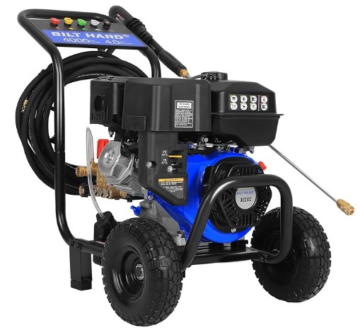 Best High-PSI Pressure Washers for Coastal Salt-Air Removal BILT HARD 4000 PSI 4.0 GPM GAS Pressure Washer, 302cc Engine, Gas Power Washer with Triplex Pump, Spray Gun and Wand, Built-In Soap Tank, 5 QC Nozzle Tips, 50 Ft Hose with 3/8" Quick Connect, 49-State
