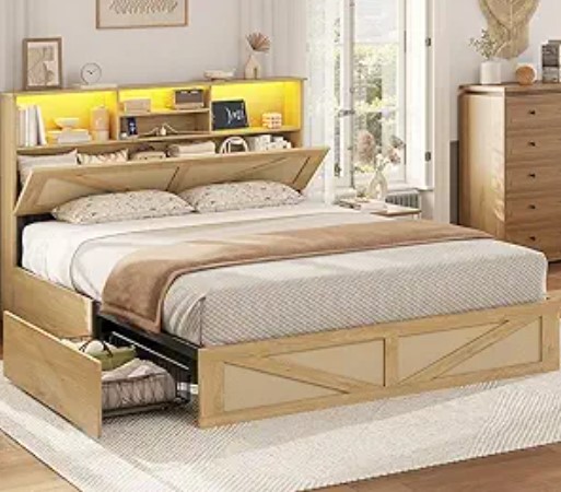 7 Coastal Boho Furniture Ideas for Calm Spaces VIAGDO Rattan Bed Frame Full Size with Bookcase Storage Headboard, Charging Station and LED Lights, Wooden Full Bed Frame with 4 Drawers, Barn Door Design, No Box Spring Needed, No Noise, Natural