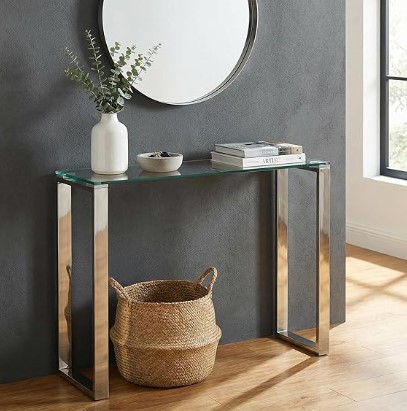 7 Coastal Boho Furniture Ideas for Calm Spaces Cortesi Home Forli Small Entry Way Console Table Contemporary Glass and Stainless Steel Finish 28 in Wide Accent, Silver and Clear