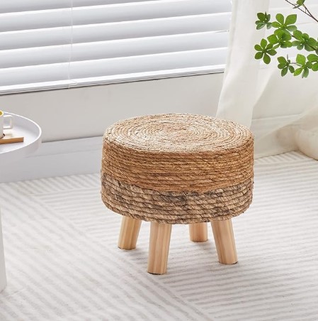 7 Coastal Boho Furniture Ideas for Calm Spaces Wimarsbon Round Foot Stool Natural Seagrass Poufs Ottoman Hand Weave Footrest Stool for Couch Desk Extra Seat Step Stool with Solid Wood Legs for Hallway Patio Lounge Brown