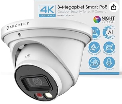 Top 5 AI Security Systems with On-Device Facial Recognition Amcrest UltraHD 4K (8MP) IP PoE AI Camera, 49ft Nightcolor, Security Outdoor Turret Camera, Built-in Microphone, Human Detection, Active Deterrent, 129ยฐ FOV, 4K@15fps IP8M-2779EW-AI (White)