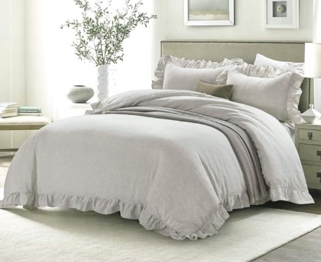 Coastal Décor Bedding for Calm, Lived-In Bedrooms MEADOW PARK 100% Stone Washed Linen Duvet Cover Set 3 Pieces, Queen Size 90 inches x 92 inches, Shams 20 inches x 26 inches, Ruffled Style, Button Closure, Corner Ties, Super Soft, Solid Natural color