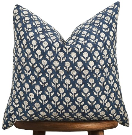 Coastal Décor Bedding for Calm, Lived-In Bedrooms Hand-Block Printed, Artisan-Made Neutral Accent Throw Pillow Covers- 100% Cotton Cushion for Sofa, Bed, Chair, Home Decor, Boho, Indoor - Adeline (Deep Blue, 20" x 20" (Pack of 1))