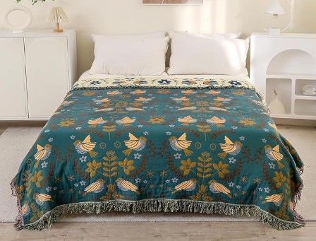 Coastal Décor Bedding for Calm, Lived-In Bedrooms Boho Throw Blanket for Couch 100% Cotton Organic Ultra Soft Breathable Rustic Quilt 50" x 60" Birds and Floral Throw for Sofa Chair Bed Couch Chair