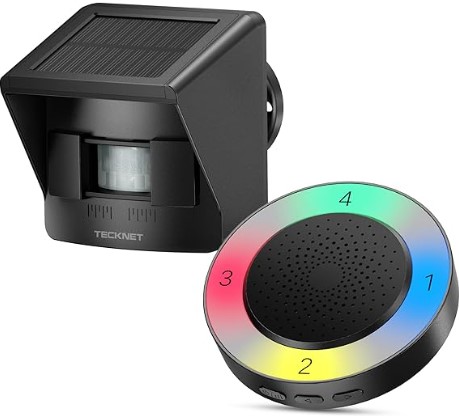 Best Solar Smart Perimeter Lasers for Estates TECKNET Solar Wireless Driveway Alarm with 2600FT Long Range & 36 Melodies & 5 Volumes and Supports 4 Zones Weatherproof Motion Sensor Alarm to Protect Inside/Outside Property (1 Receiver 1 Sensor)