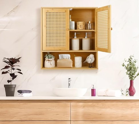 Coastal Boho Bathroom Ideas for Small Spaces Bamboo Cabinet Wall Mount, Rattan Medicine Cabinet with Shelves and Doors, Wall Cabinet Above Toilet, Storage Organizer for Laundry Room, Kitchen, Living Room