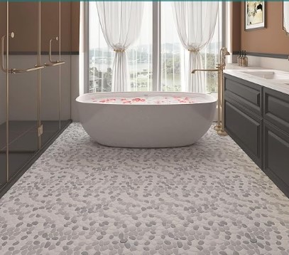 Coastal Boho Bathroom Ideas for Small Spaces Pebble Tile for Shower Floor, Grey with White Pebble Mosaic Backsplash, Bathroom Shower Floor Kitchen Backsplash Tiles Pack of 5 Sheets