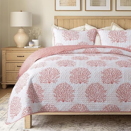 7 Coastal boho bedding ideas Soul & Lane Coastal Quilt Set - Queen and 2 Shams, Quilted Coastal Bedspread with Beach Theme, Ocean Bedding Set, Summer Nautical Quilt, Beachy Comforter with Tropical Motif, Sea of Coral