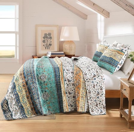 7 Coastal boho bedding ideas HORIMOTE HOME Boho Style Queen Quilt Set Yellow Bohemian Floral Strip Quilt Beddding Set, Soft and Lightweight Bedspread for All Season, Full Size Bed Coverlet with 2 Matching Pillow Shams (3 Pieces)