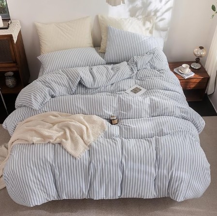 7 Coastal boho bedding ideas FOSSA Striped Duvet Cover Set 100% Washed Cotton Linen Feel Super Soft Breathable Cozy 3 Pieces Bedding Sets Cornflower Blue White Classic Stripes Queen