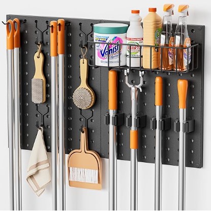 7 Laundry Room Makeover Ideas: Smart Storage Wins Broom Holder Wall Mount, Peg Board Wall Organizer with Mop Hanger Gripper Hooks Basket, Laundry Room Organization and Storage with Cleaning Supplies Organizer, Metal Pegboard for Utility Closet Garage