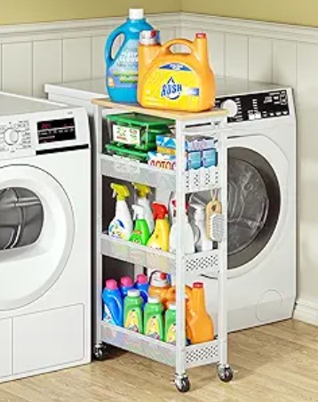 7 Laundry Room Makeover Ideas: Smart Storage Wins Rolling Slim Storage Cart, 4-Tier Narrow Bathroom Laundry Room Organization Cart, Metal Kitchen Storage Mobile Shelf Unit Organizer with Wood Top, Slim Utility Cart with