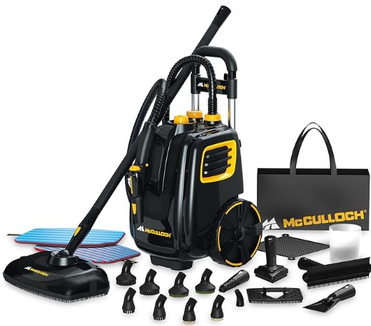 Best Professional-Grade Steam Cleaners for Chemical-Free Sanitizing McCulloch MC1385 Deluxe Canister Steam Cleaner, 2-Hour Runtime, Chemical-Free, 23 Accessories: Mop Head, Brushes & More - Built for Home, Tile, Carpet, Furniture, & Personal Car Detailing