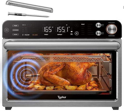 Best AI Countertop Smart Ovens with Internal Camera Tracking Typhur Sync Oven with Smart AI Wireless Meat Thermometer Probe, 12โinโ1 Countertop Air Fryer Toaster Oven Combo, 360ยฐ Turbo Convection, Dehydrator, Recipe & 5 Accessories, Large 27QT, Stainless Steel