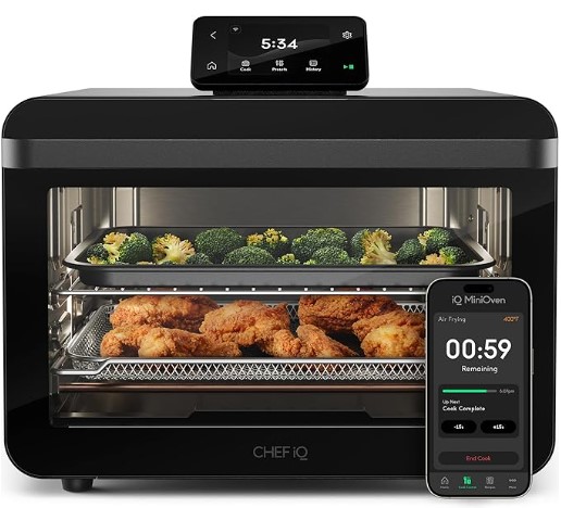 Best AI Countertop Smart Ovens with Internal Camera Tracking CHEF iQ MiniOven Smart Toaster Oven Air Fryer Combo, 11-in-1 Countertop Convection Oven, Bake, Broil, Air Fry, Broil, Dehydrate, 1750W, 25 Qt Capacity, Fast Cooking with Touchscreen Controls โ Black
